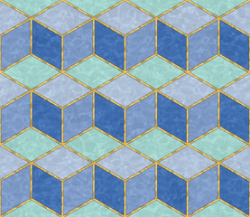 Rhombus seamless pattern. Mosaic, inlay. Illustration in stained glass style. Art Deco style. Seamless pattern for wallpapers, textile print, tile. Gold argyle pattern.