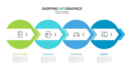 Concept of shopping process with 4 successive steps. Four colorful graphic elements. Timeline design for brochure, presentation, web site. Infographic design layout.