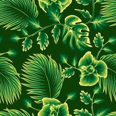beautiful night summer tropical plant seamless pattern with monstera palm leaves and bright flowers foliage on dark background. fashionable texture. jungle print. Floral background. Summer design