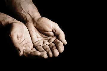 Hands begging for help. Empty hand isolated. Charity symbol gesture background. Man asking for...