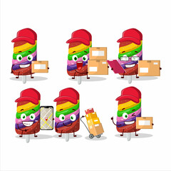 Cartoon character design of gummy candy rainbow working as a courier