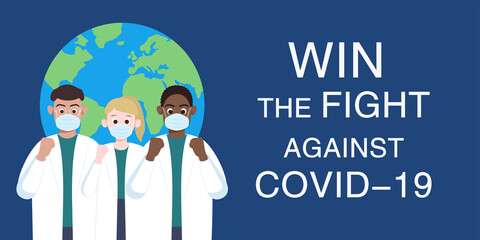 Multiracial doctors and nurses from different country cheer together. Global solidarity and cooperation against the virus. Community of common destiny for all mankind. Anti-epidemic slogan.