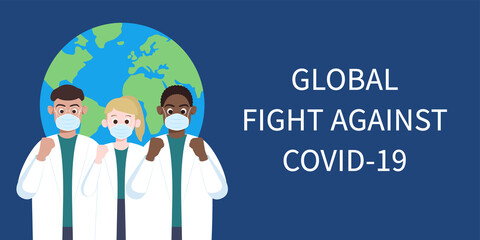 Multiracial doctors and nurses from different country cheer together. Global solidarity and cooperation against the virus. Community of common destiny for all mankind. Anti-epidemic slogan.