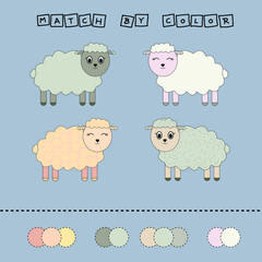 worksheet vector design, challenge to connect the sheep with its color. Logic game for children.