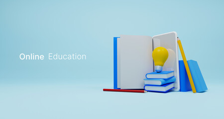 Online class, Online education, E-learning technology on mobile smartphone. Training course and home school on device. 3d illustration