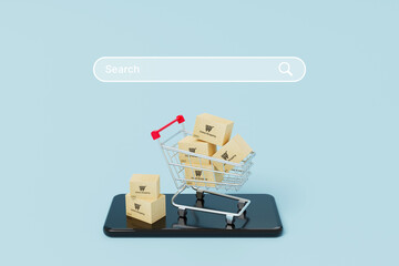 Online shopping concept. Web or mobile application ecommerce. Smartphone and carton paper box in shopping cart on light blue background with search bar. 3d rendering © Monster Ztudio
