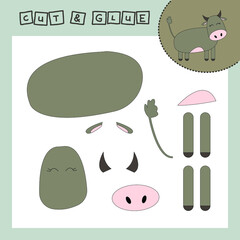 Children's paper puzzle with a pet cow. Baby education cut and paste applique for preschool age.