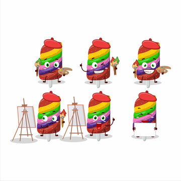 Artistic Artist of gummy candy rainbow cartoon character painting with a brush