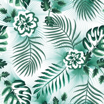 Modern seamless pattern with abstract tropical jungle illustration on white background. Fashionable texture design, textile, fabric, printing. Original plants. Exotic design and ornament. summer art