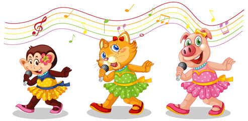Cute animals cartoon character with musical melody symbols