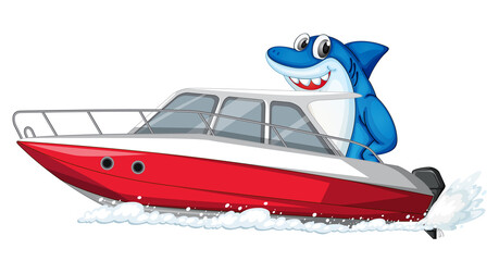 Requin sur le personnage de dessin animé de bateau rapide sur fond blanc