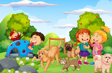 Playground scene with children and animals