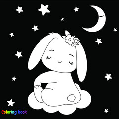 beautiful bunny sitting on the cloud. Black and white vector illustration for coloring book