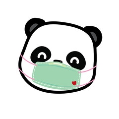 Cute cartoon head of Panda bear wearing medical a face mask, isolated on white background.