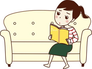ソファーで本を読む悲しい顔の若い女性。