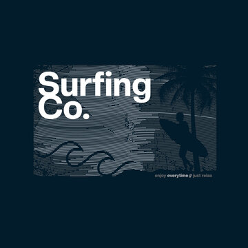 surfing co, poster art with palms and wave illustration