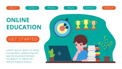 Online learning and education template with boy studying with computer remotely. Vector flat illustration for landing page or online website.