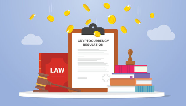 cryptocurrency legislation regulation concept with gold coin money and law books with modern flat style