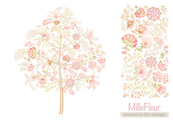 A lot of different fantasy flowers. Millefleurs trendy floral design. Blooming midsummer meadow Clip art, set of elements for design Vector illustration. Gradients colors