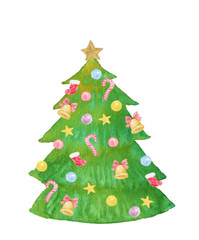 水彩イラスト素材：クリスマスに飾り付けしたモミの木　白色＆透過
