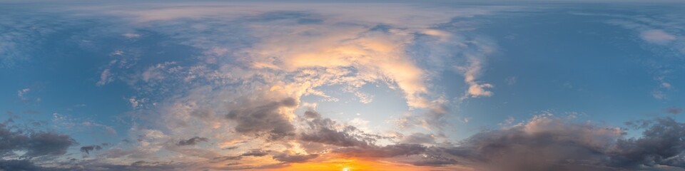 Dark blue sunset sky panorama with Cirrus clouds. Seamless hdr pano in spherical equirectangular format. Complete zenith for 3D visualization, game and sky replacement for aerial drone 360 panoramas.