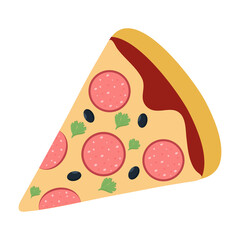 A slice of pizza with sausage on for use in a clipart or restaurant menu.