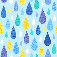 Seamless water drops rain droplets pattern. Repeated creative doodle rain water drops blue playful background. Childish colorful hand drawn modern geometrical textured cartoon print. - 472544117