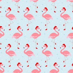 Christmas pattern with tropical winter flamingos in xmas Santa hat - 472544121