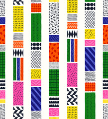 Hand-drawn whimsical textured vertical stripes vector seamless playful pattern. Doodle folk abstract geometric print in bright colors. Marks, scribbles.  - 472544126