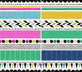 Set of two seamless doodle striped pattern. Colorful creative Modern childish sketchy abstract background print. Freehand lines, shapes, curves, dots, spiral, arcs. Brush stroke style.  - 472544128
