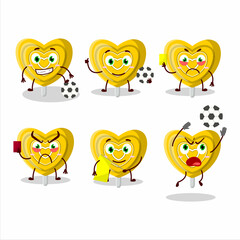 Yellow love candy cartoon character working as a Football referee