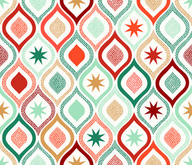Seamless Christmas geometric stars doodle background. Red, green, gold repeated beautiful abstract modern pattern. - 472544936