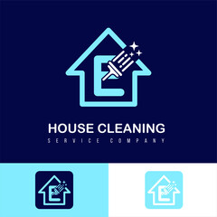 Modern Simple Cleaning Service, House Care and Maintenance Business Logo Design Idea with Initial E Letter on Home and Brush Sparkling