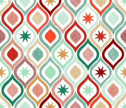 Seamless Christmas geometric stars doodle background. Red, green, gold repeated beautiful abstract modern pattern.