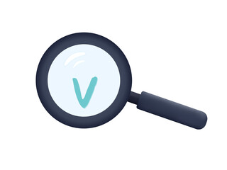 3d approve icon. Correct answer with a green checkmark of approval. Search and control access or accepted, verified job. Checked in and tested. Researching information with a magnifying glass. Vector 