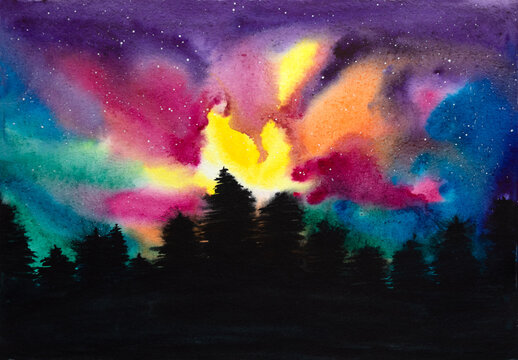Watercolor picture of colorful and starry sky above dark forest at night time. Northern Lights