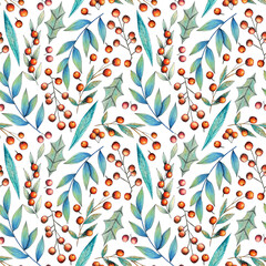 Christmas winter seamless pattern with flowers, leaves, branch and berries. Hand drawn illustration.