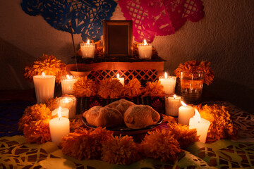 Mexican Day of the Dead Altar with cempasuchil flowers
