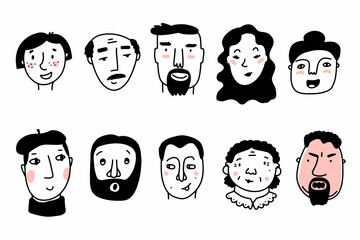 Doodle cute faces set. Hand-drawn line people with pink cheeks isolated on white background. Human Avatar Collection. Cartoon young, old different women, men. Childrens portrait. Vector illustration