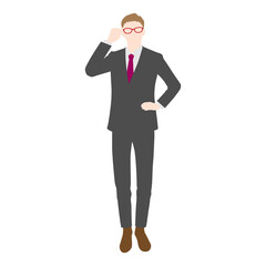Illustration of businessman putting his hand on his glasses (white background, vector, cut out)