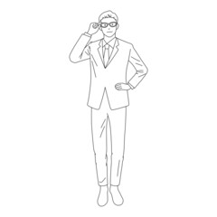 Illustration of businessman putting his hand on his glasses (white background, vector, cut out, line art)