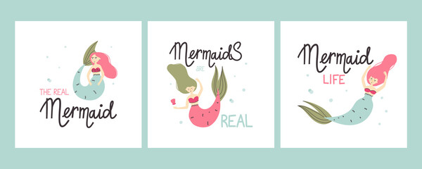 Fototapeta na wymiar Cartoon mermaid. Cute little underwater character, princess with fish tail, adorable ocean fantasy creature, kids fairy tale girl, t-shirt print or poster, lettering set, vector isolated illustration