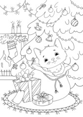 Decorated Christmas tree interior. A coloring page of the Christmas tree, fireplace, and kitten sits in a gift bag among the boxes of gifts.