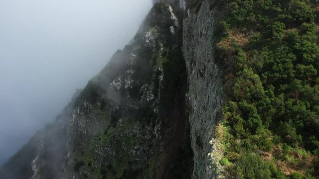 Camera tilting up above the 180 degree dramatic cliff side with clouds and shade on one side and sun, lush green forest and grass on the other. big divide and separation from one side to the other.