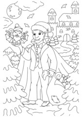 Obraz na płótnie Canvas Count Dracula with Christmas gifts. Coloring book page for kids. Cartoon style character. Vector illustration isolated on white background.