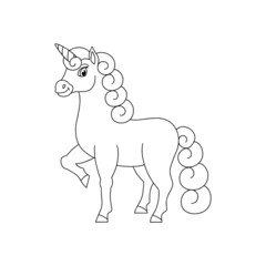 Magic fairy unicorn. Cute horse. Coloring book page for kids. Cartoon style. Vector illustration isolated on white background.
