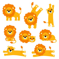 A young lion stands, sits, lies, stretches, sleeps. Wild animal. Cartoon character. Colorful vector illustration. Isolated on white background. Design element.