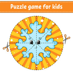 Cut and play. Round puzzle snowflake. Logic puzzle for kids. Activity page. Cutting practice for preschool. cartoon character. Christmas theme.
