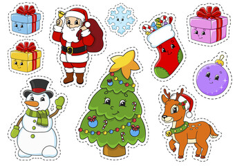 Obraz na płótnie Canvas Set of stickers with cute cartoon characters. Christmas theme. Hand drawn. Colorful pack. Vector illustration. Patch badges collection. Label design elements. For daily planner, diary, organizer.