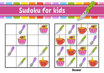 Dishware theme. Sudoku for kids. Education developing worksheet. Cartoon character. Color activity page. Puzzle game for children. Logical thinking training. Isolated vector illustration.